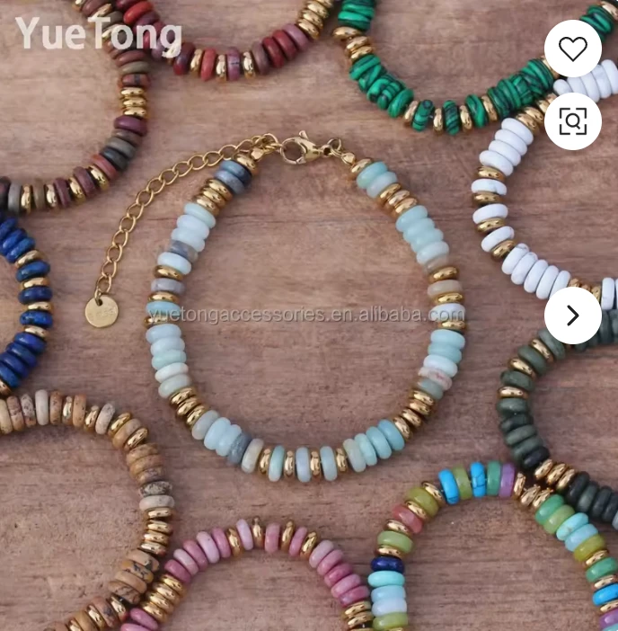 Natural stone rondelle bracelets with gold beads